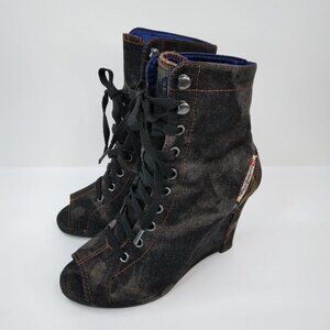 Diesel Burlesque Distressed Black Denim Peep Toe Ankle Booties Wedges Si…